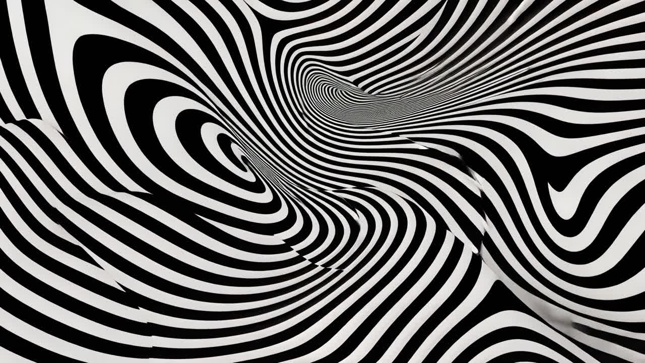 Abstract black and white optical illusion with wavy lines, creating a dynamic, hypnotic effect