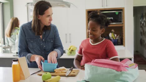 Happy-caucasian-woman-and-her-african-american-daughter-packing-food-together