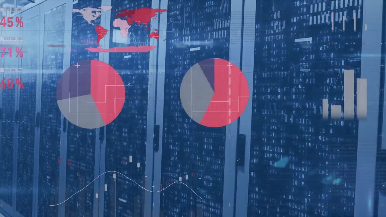 animación del procesamiento de datos financieros con columnas móviles sobre la sala del servidor.