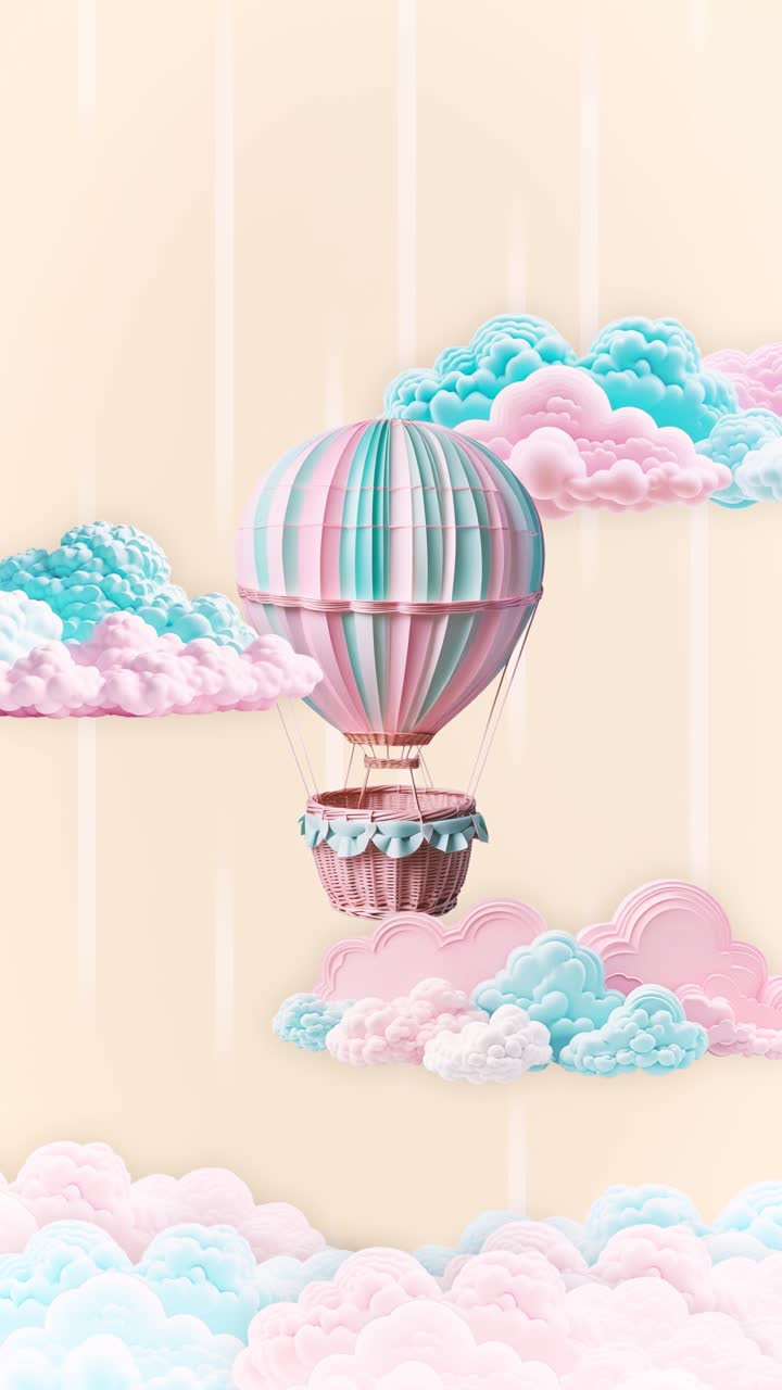 A charming hot air balloon in pastel blue and pink floats gracefully amidst fluffy clouds in a serene sky. Perfect for themes of travel, dreams, romance, or childhood adventures.