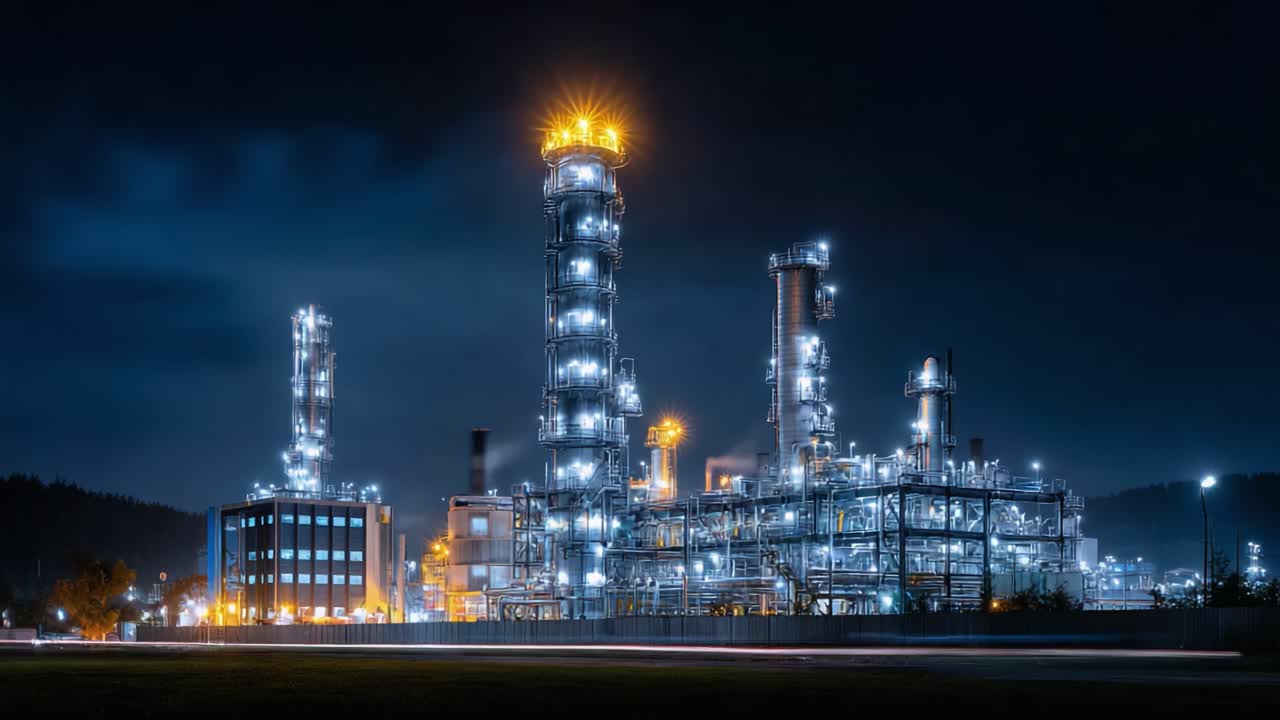 A breathtaking view of a modern industrial facility illuminated at night, showcasing towering structures and intricate piping systems against a dark sky