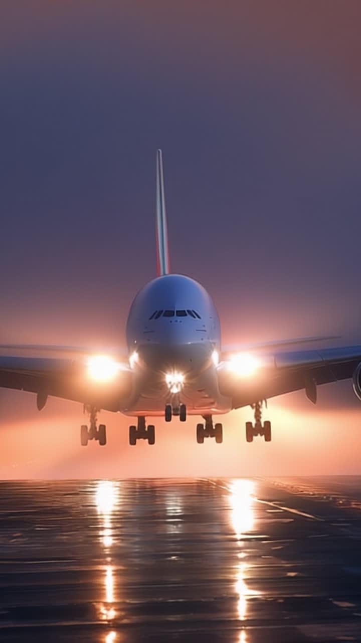 Un Maestoso Aereo Decolla Attraverso il Cielo Nebbioso della Sera, Illuminato da Potenti Luci di Atterraggio in una Splendida Atmosfera Crepuscolare con un Bagliore Accattivante