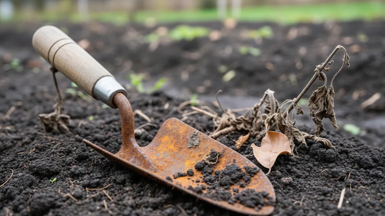 Exploring the Depths of Soil: A Gardener's Tool Pauses Amidst the Dry Earth, Capturing the Essence of Gardening Maintenance and Nature's Cycle