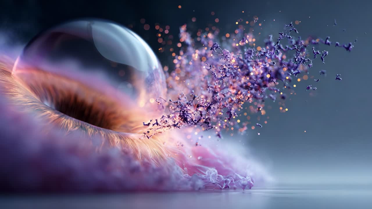 A Captivating Close-Up of an Eye with a Glimmering Lens, Surrounded by Vibrant Purple Particles that Emanate a Beautiful Visual Symphony in a Dreamlike Atmosphere of Color and Light