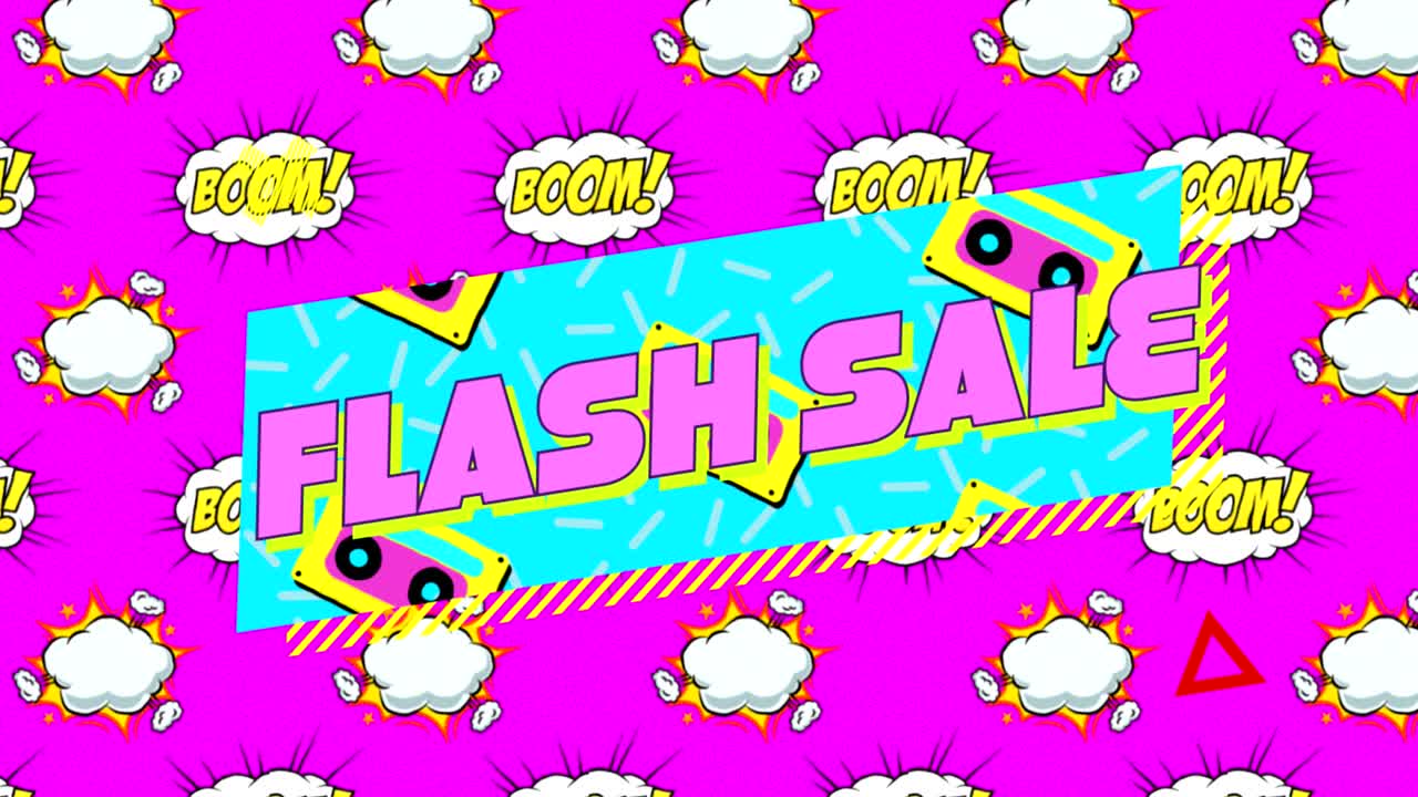 venta flash texto sobre boom texto en burbujas de habla contra fondo rosa