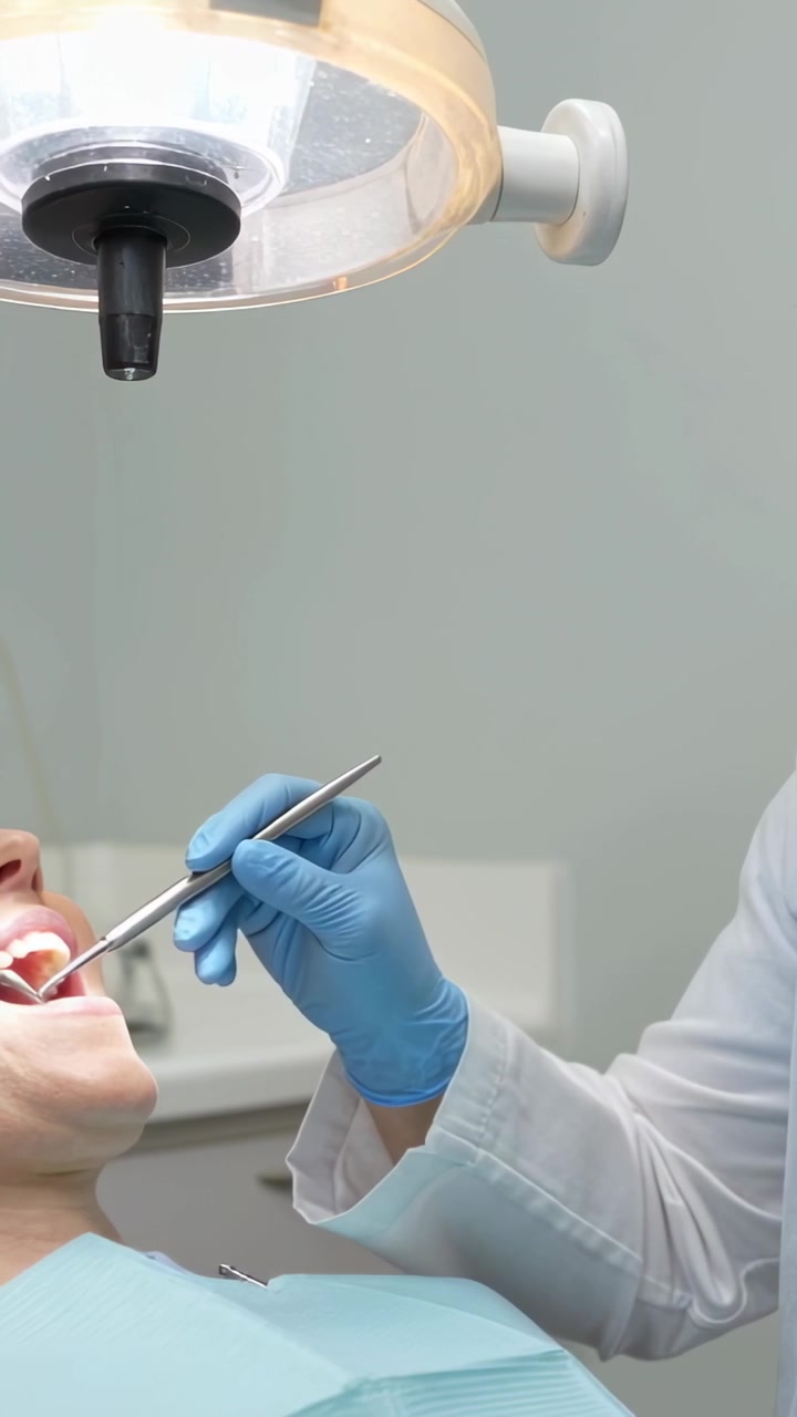 Video verticale: Dentista mascherato che esamina con specchietto e sonda mentre il paziente apre la bocca in clinica, spazio per il testo.
