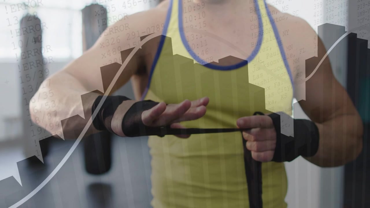 Uomo che fascia polso e nocche in palestra, preparandosi per la boxe, mentre grafici a barre e a linee si sovrappongono alla scena.