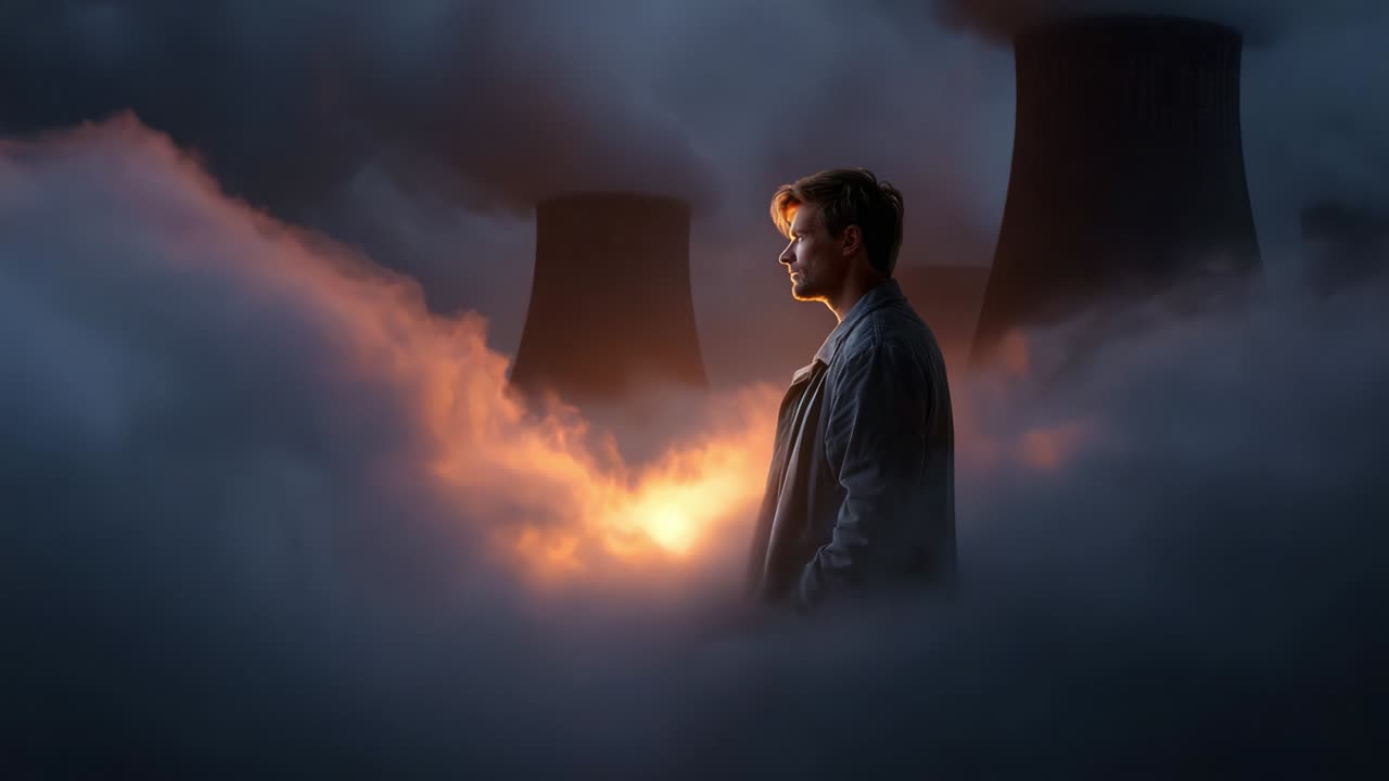 A solitary figure stands amidst the swirling fog and towering cooling towers in a dramatic scene, illuminated by a warm glow contrasting against the eerie backdrop of industrial structures and billowing steam