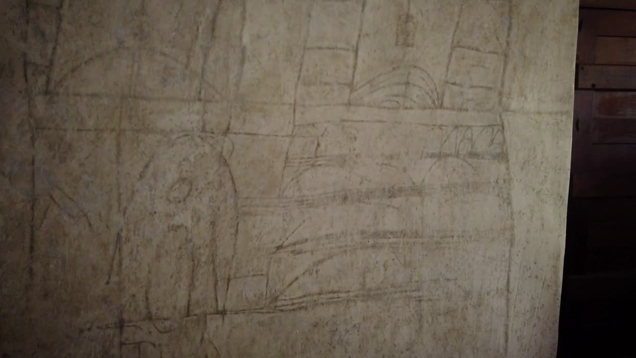 Detailed shot of the brushstrokes of mural paintings inside a museum in Tepoztlán, Mexico