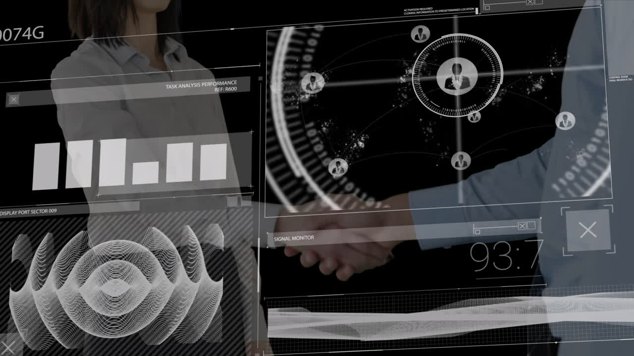 animación del procesamiento de datos sobre una mujer de negocios caucásica y un hombre de negocios que se dan la mano