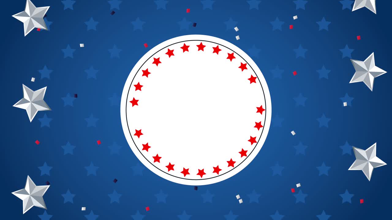 미국 축제: 별과 원형 프레임으로 된 애니메이션 카드