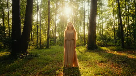 woman in a dress in the forest