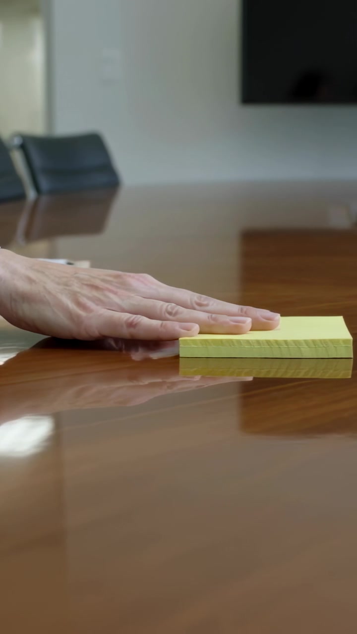 Vertical video: Placing cuffed hands steadying yellow pad in boardroom papers sliding for meeting