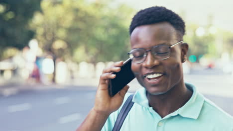 Hello,-phone-call-and-black-man-in-a-city-walking