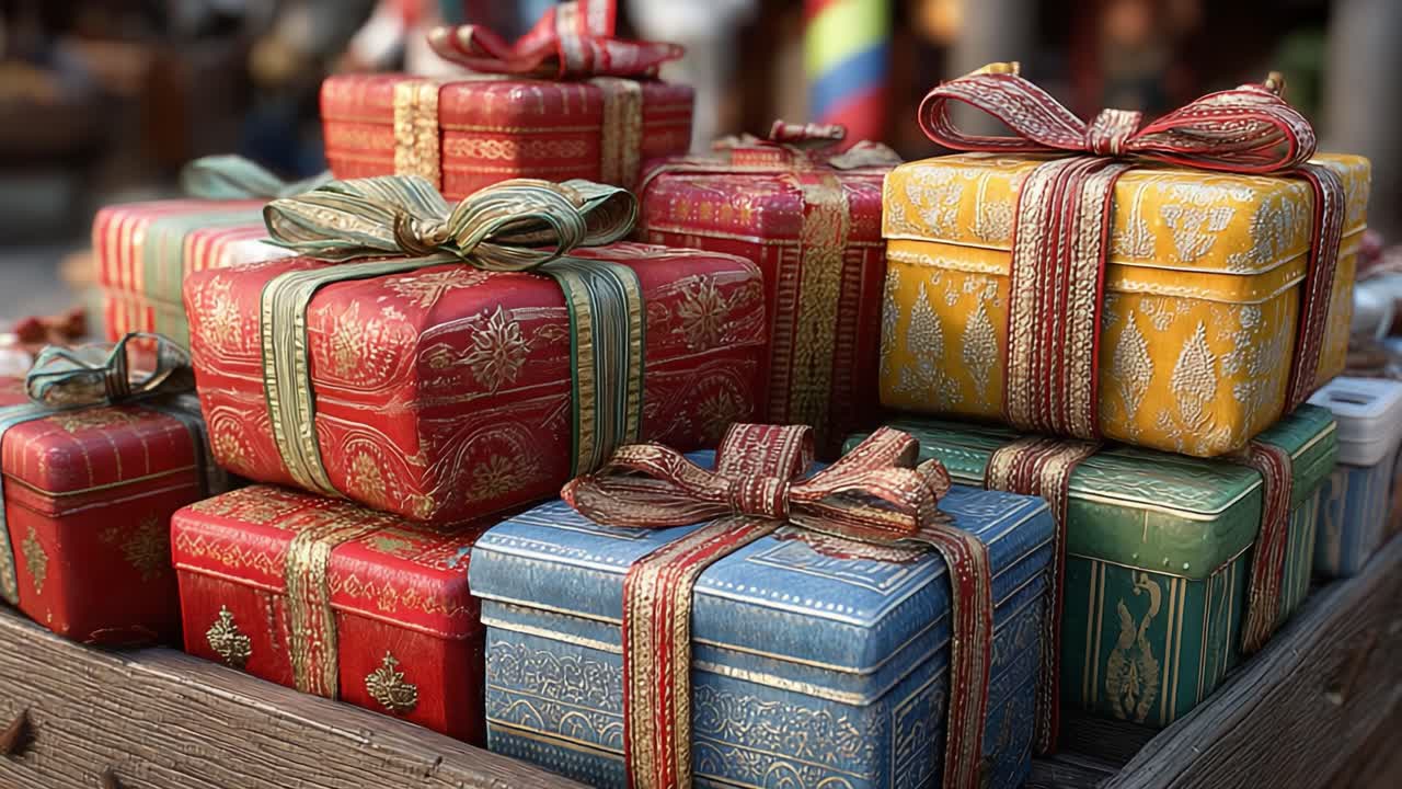 Un vivace assortimento di confezioni regalo esposte con eleganza, con carta da regalo colorata e nastri decorativi, perfette per festeggiare occasioni speciali e festività