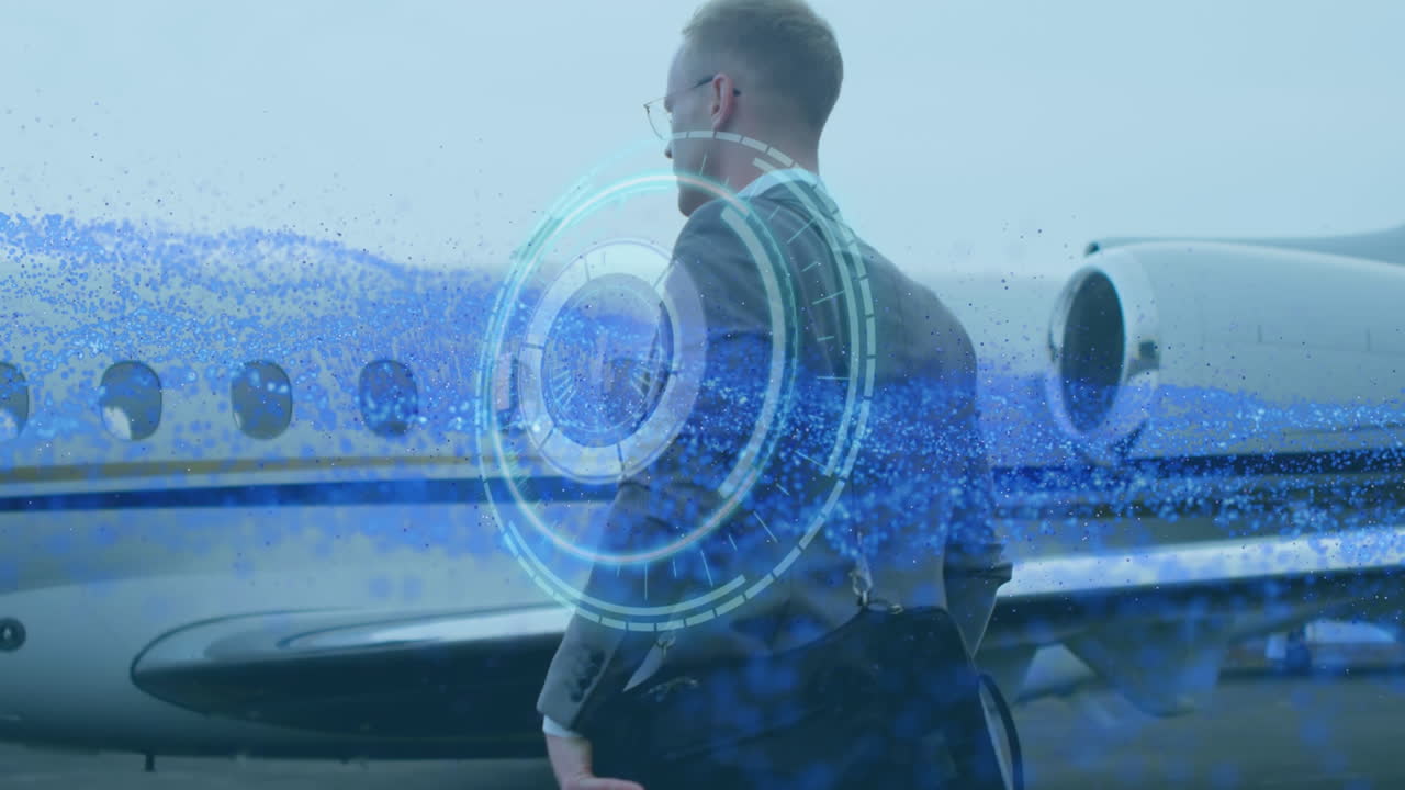 카우카스 사업가와 비행기 위의 범위 및 데이터 처리 애니메이션