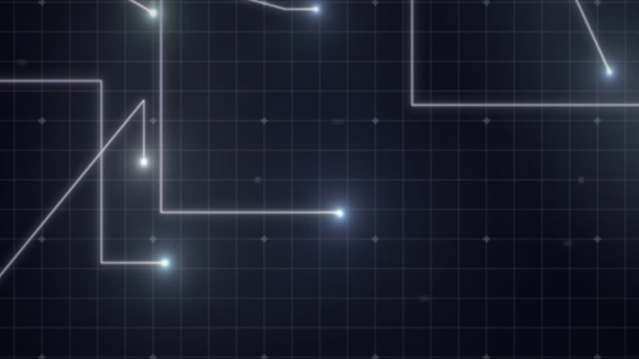 Animation of glowing white points with light trails moving on grid on purple background