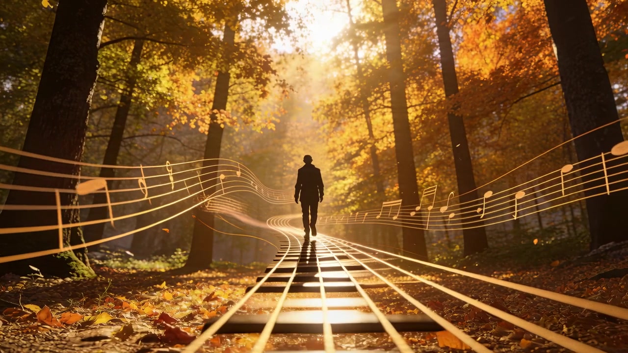 Hombre caminando por las vías del tren en el bosque, vistiendo un abrigo oscuro, con notas musicales arqueándose.