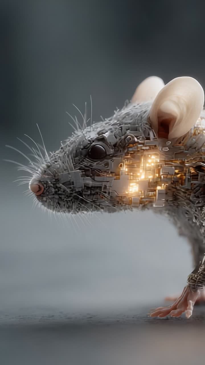 Fusione innovativa di tecnologia e natura: primo piano di un topo cibernetico che mette in mostra un intricato mix di caratteristiche organiche e meccaniche in un contesto futuristico