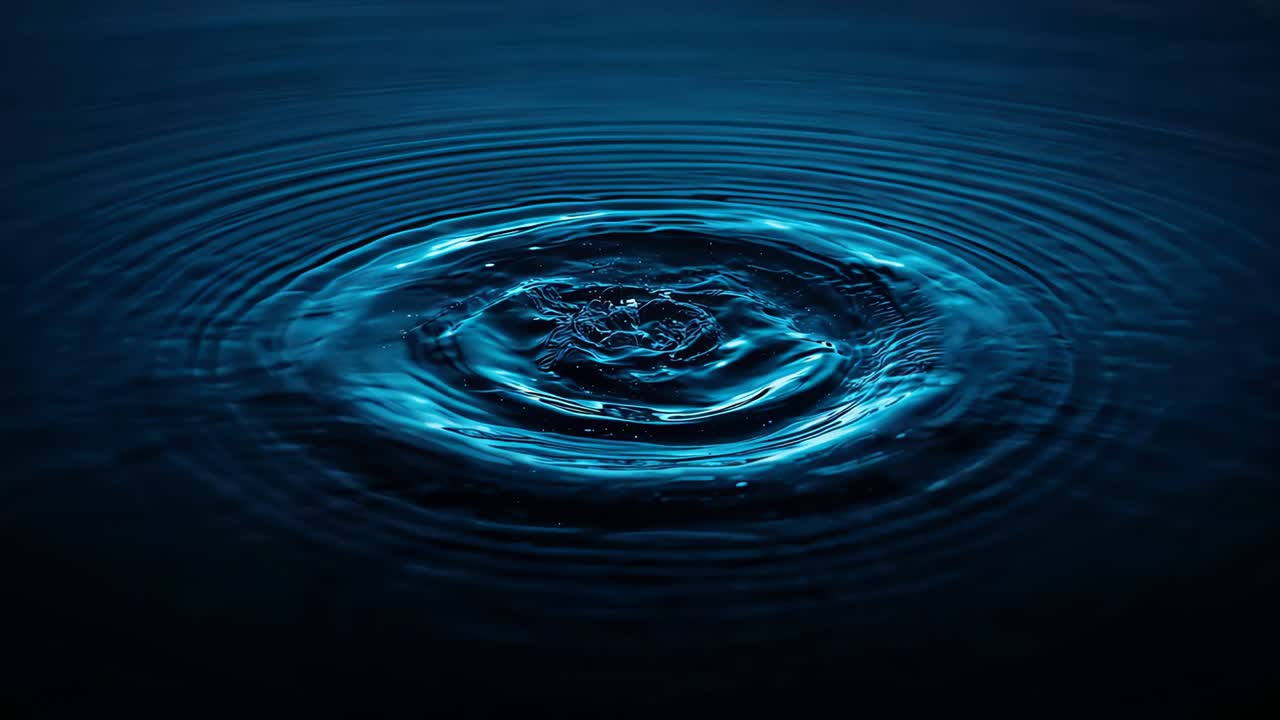 Falling water droplet forming crown in studio tank, creating vertical stream and expanding ripples