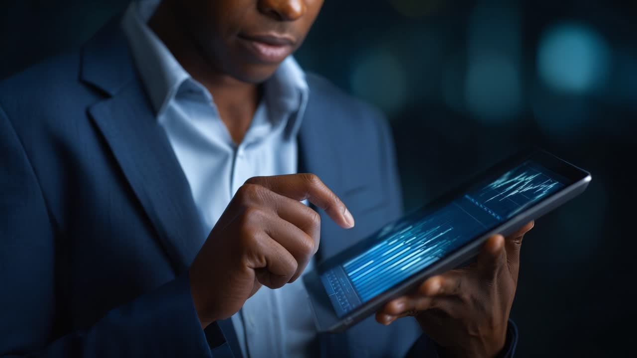 A professional man engaged with data analysis on a tablet computer, highlighting modern technology in finance and analytics during a focused session in a dark setting