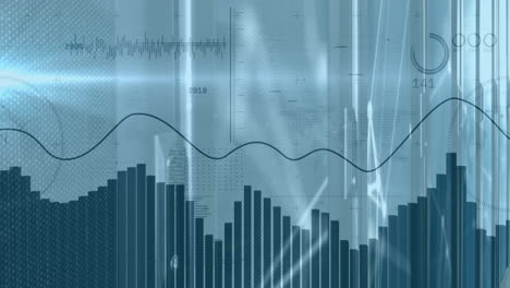 animation of financial data processing with light trails over server room