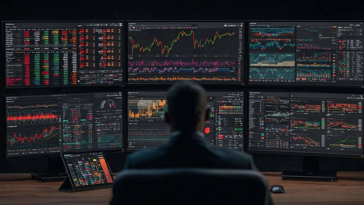 A Focused Trader Analyzing Market Trends and Data on Multiple Monitors, Capturing the Essence of Modern Financial Analysis with Advanced Charting Tools