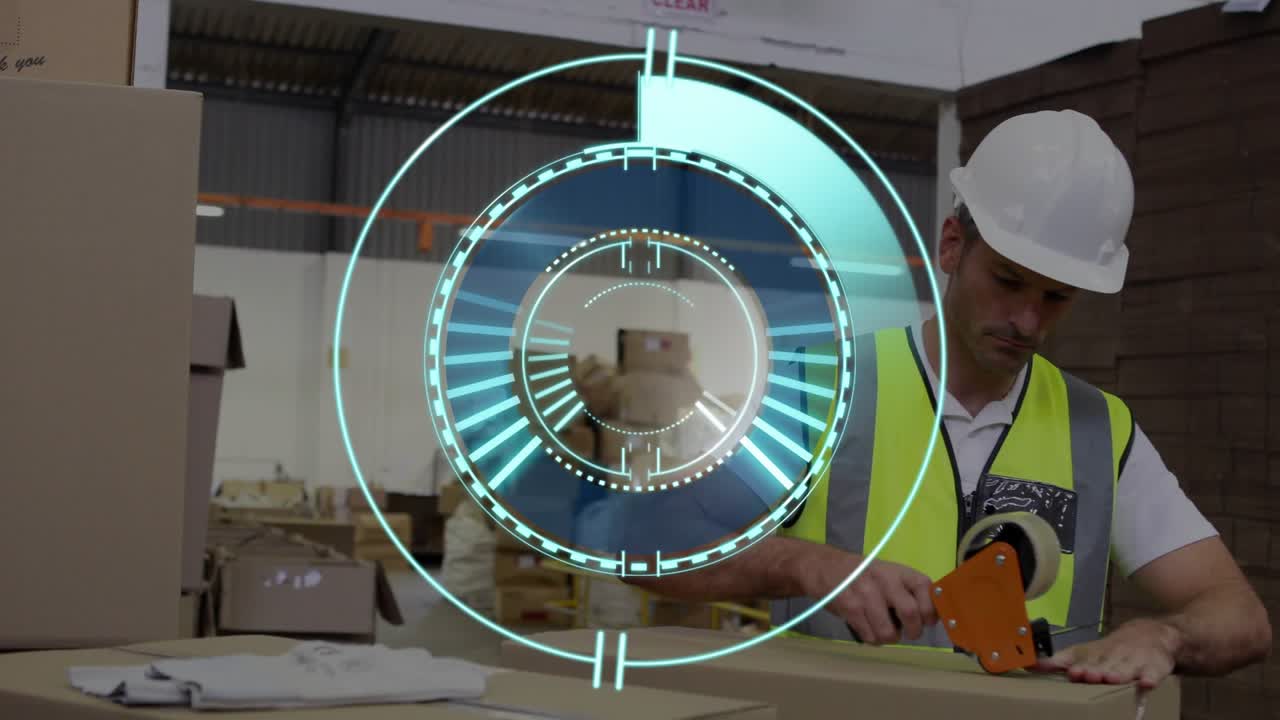 Warehouse packer inspecting box, grabbing tape dispenser, sealing for shipping, HUD tracking hands