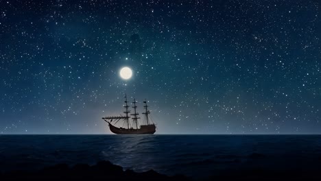 a lone ship sails under a starry sky with a full moon