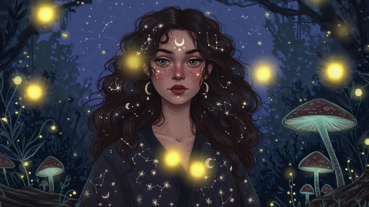 A Mystical Enchantress in a Glowing Forest: Stardust and Fireflies Dance Around Her, Illuminating the Night with Whimsical Magic and Nature's Secrets