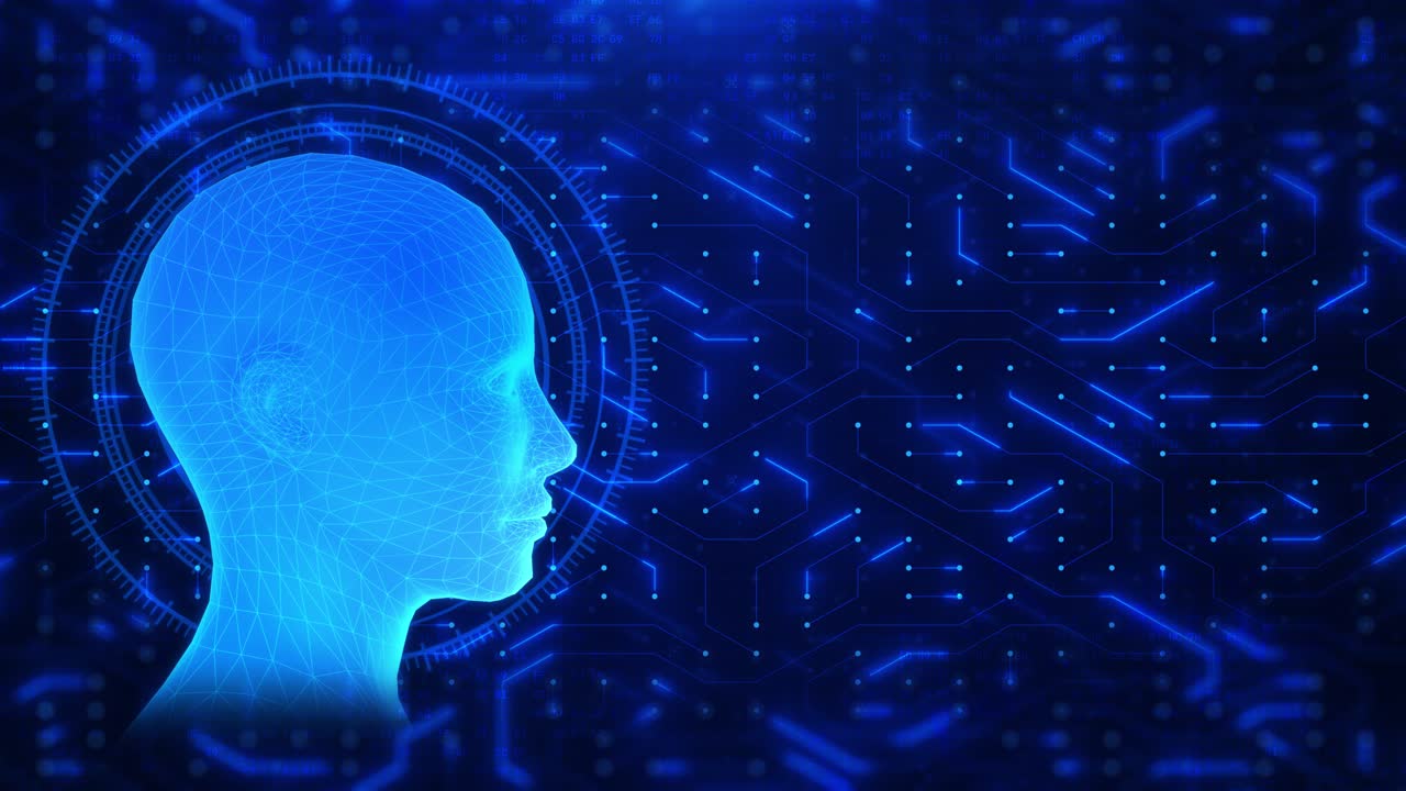 Artificial Intelligence Human Head with Digital Circuit Board Background