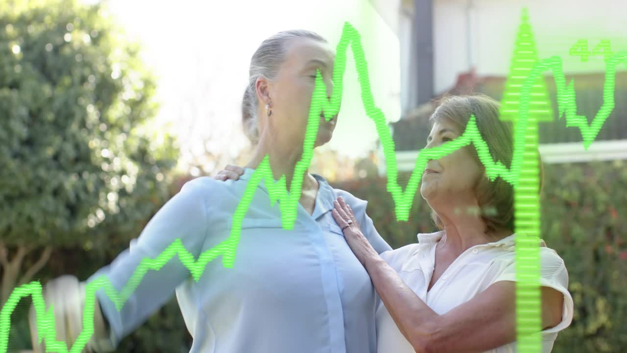 To kvinder står ved poolen, den højeste peger, animeret grøn finansgraf stiger og sporer afkast