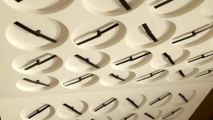 Multiple clocks spinning hands creating geometric pattern shapes hung on luxury jewellery store wall