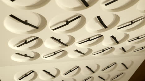 Mehrere-Uhren-Drehen-Zeiger-Und-Erzeugen-Geometrische-Musterformen,-Die-An-Der-Wand-Eines-Luxusjuweliergeschäfts-Aufgehängt-Sind