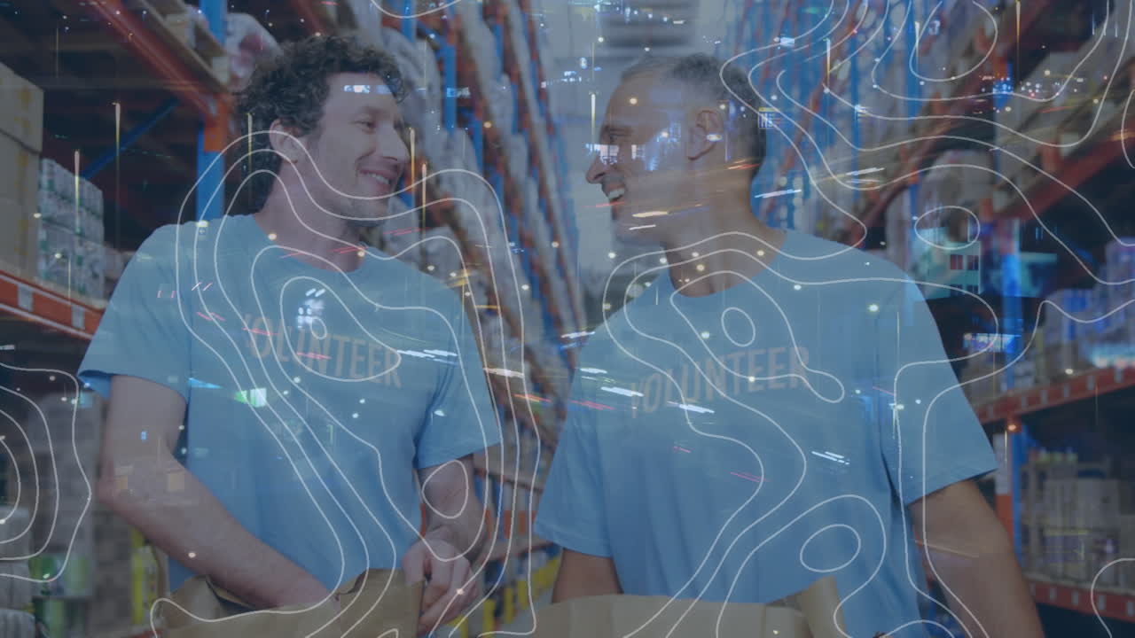 Animation of map of lines over people working in warehouse