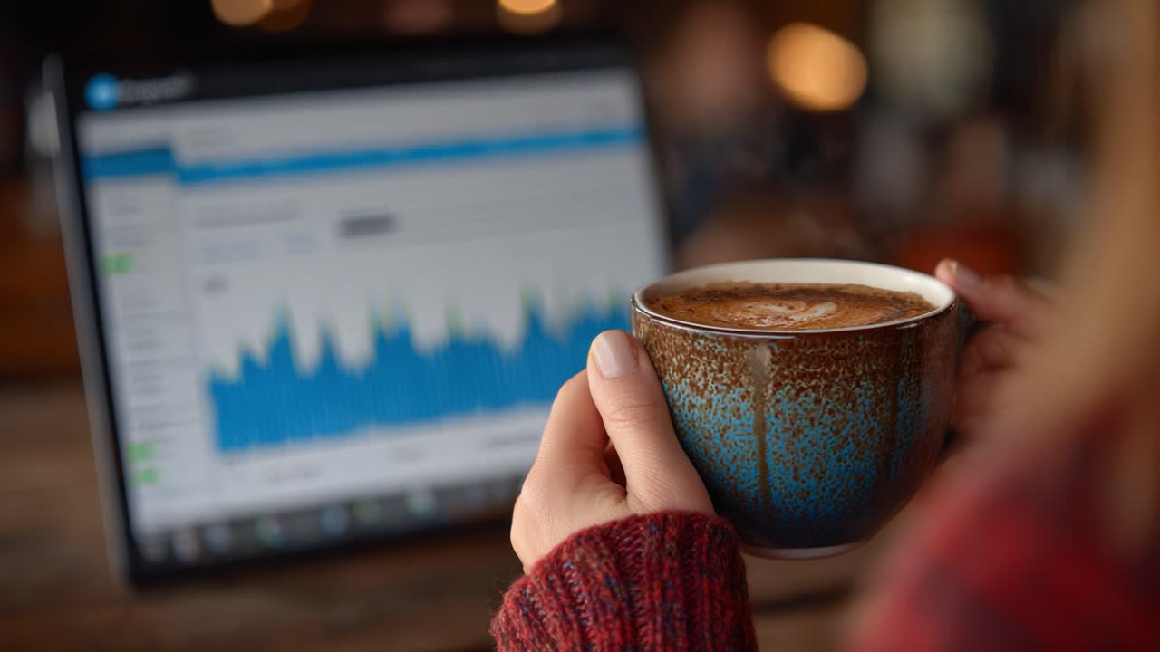 Primo piano di mani che tengono una tazza di caffè davanti allo schermo di un laptop che mostra grafici di dati, sottolineando la produttività e il comfort in uno spazio di lavoro accogliente