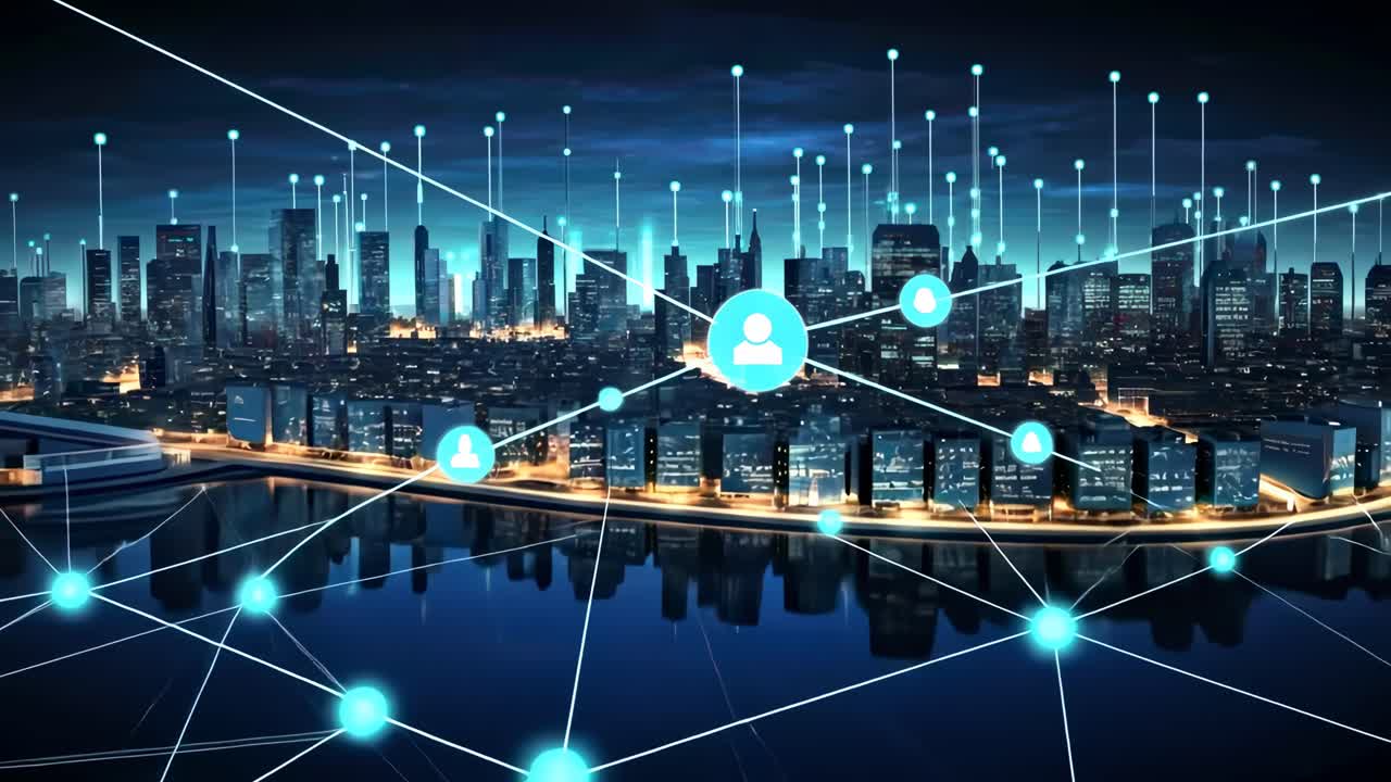 Rete digitale che collega uno skyline moderno di città di notte.