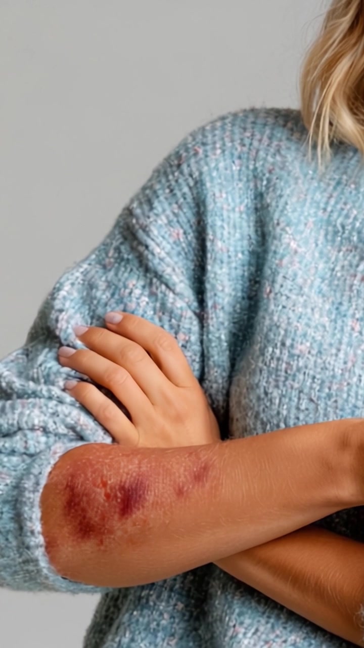Examen Detallado de un Brazo Contusionado con Decoloración e Hinchazón Visibles, Destacando los Efectos de la Lesión en la Textura y Coloración de la Piel.