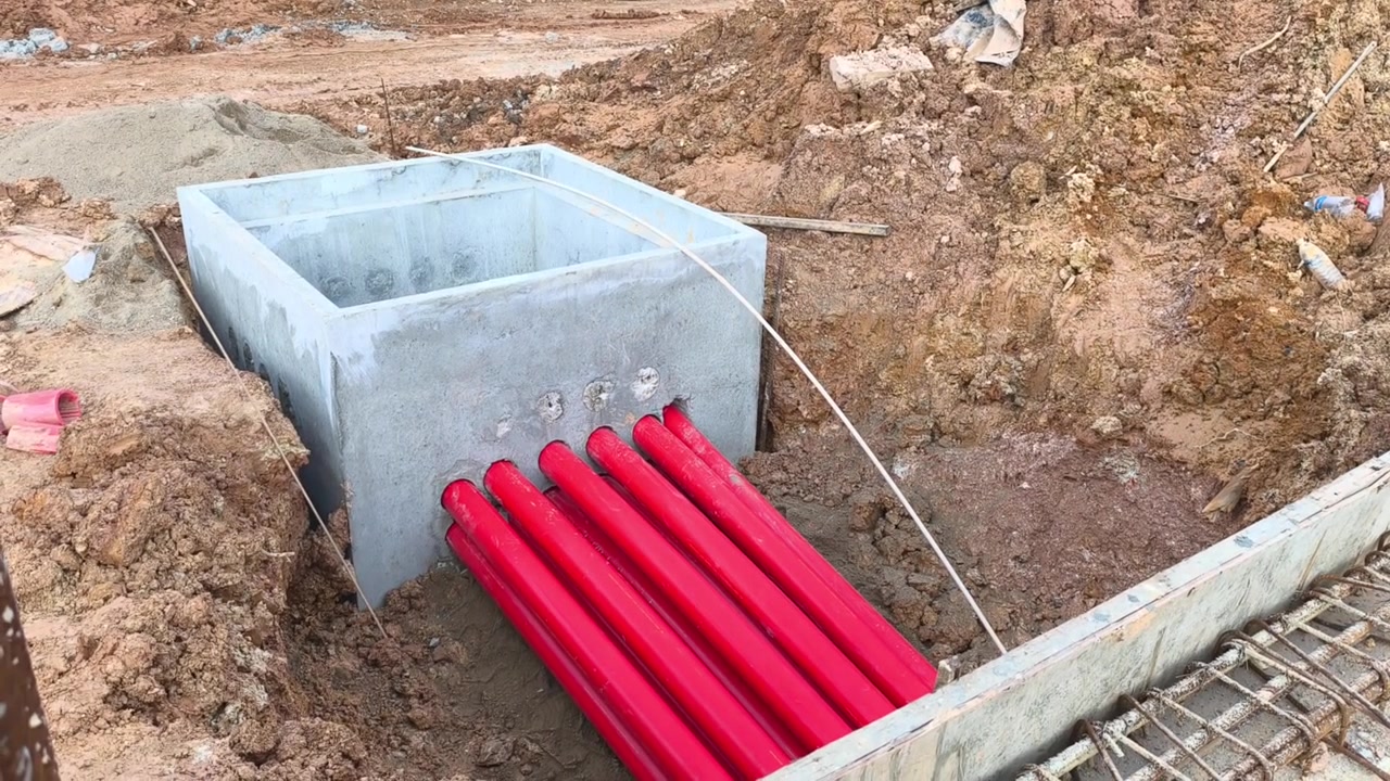 Multiple HDPE pipes are installed inside a ground trench at a construction site. These pipelines will be buried after inspection. They serve as conduits for high voltage electrical cables.