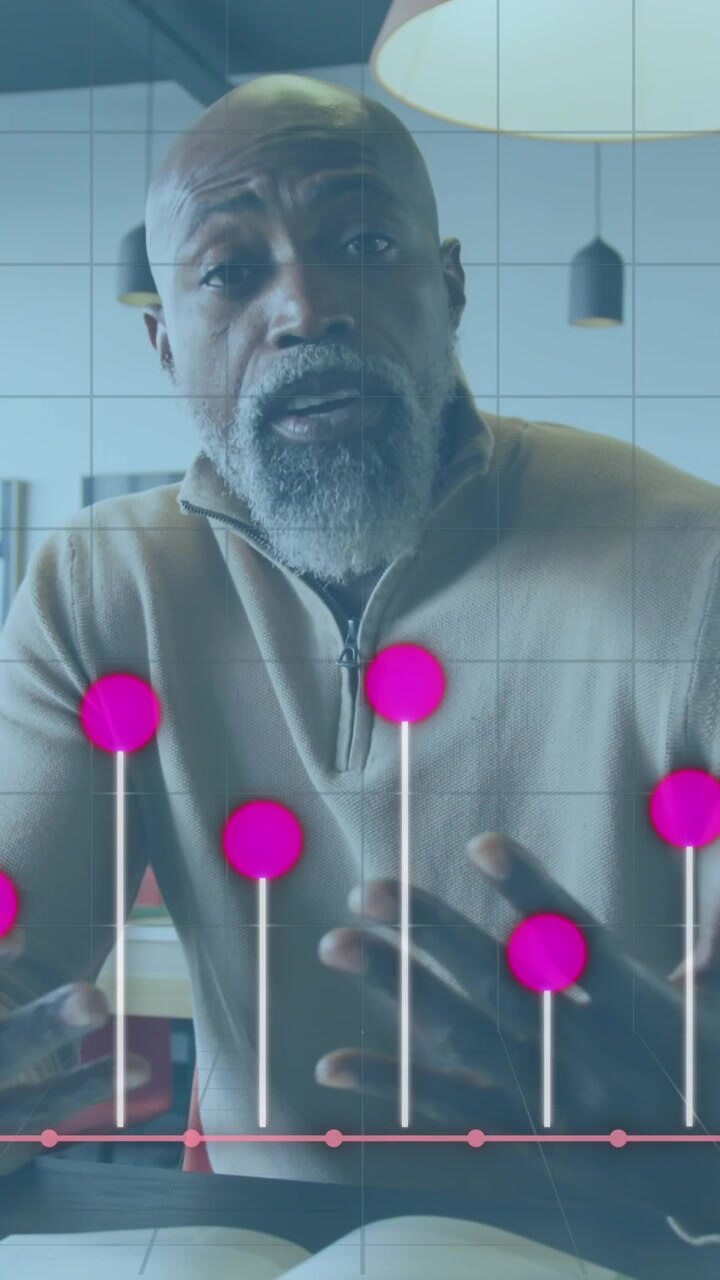 Animation of financial data processing over diverse business people working at office