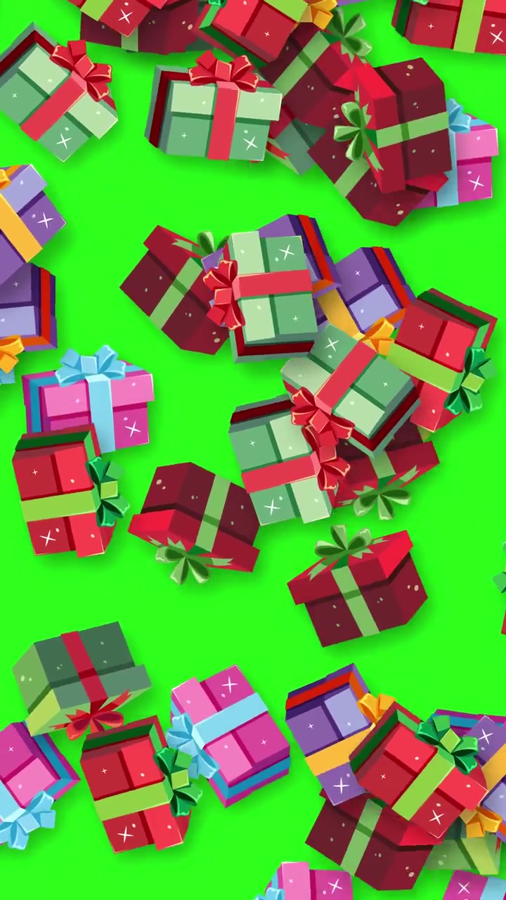 3D animated colorful wrapped gift boxes burst and scatter downwards across a green screen key.
