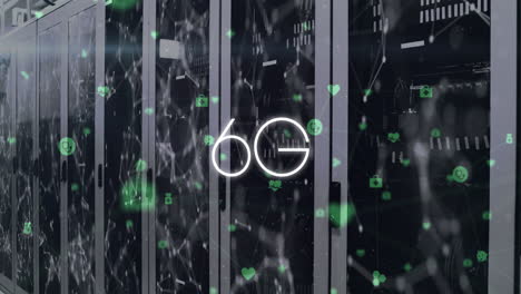 animación de texto 6g con iconos sobre puntos conectados en sistemas de servidor de datos en la sala de servidores