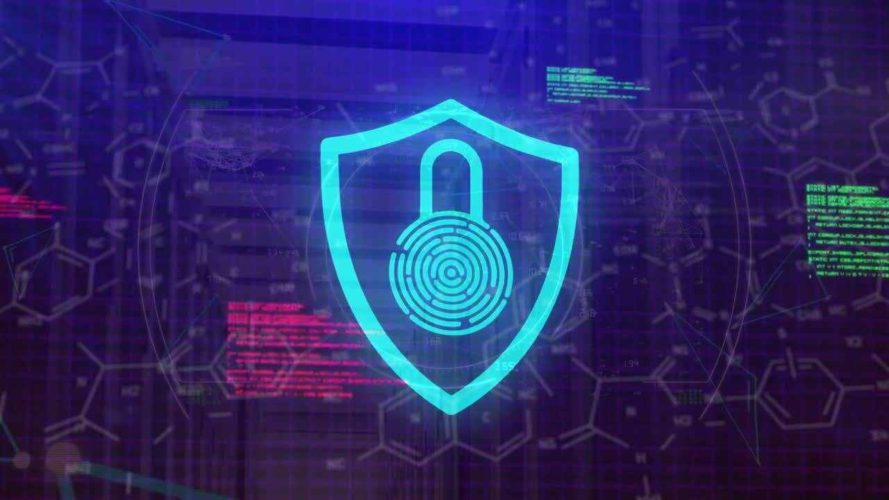 animación del procesamiento de datos con icono de candado y fórmula química sobre la sala del servidor