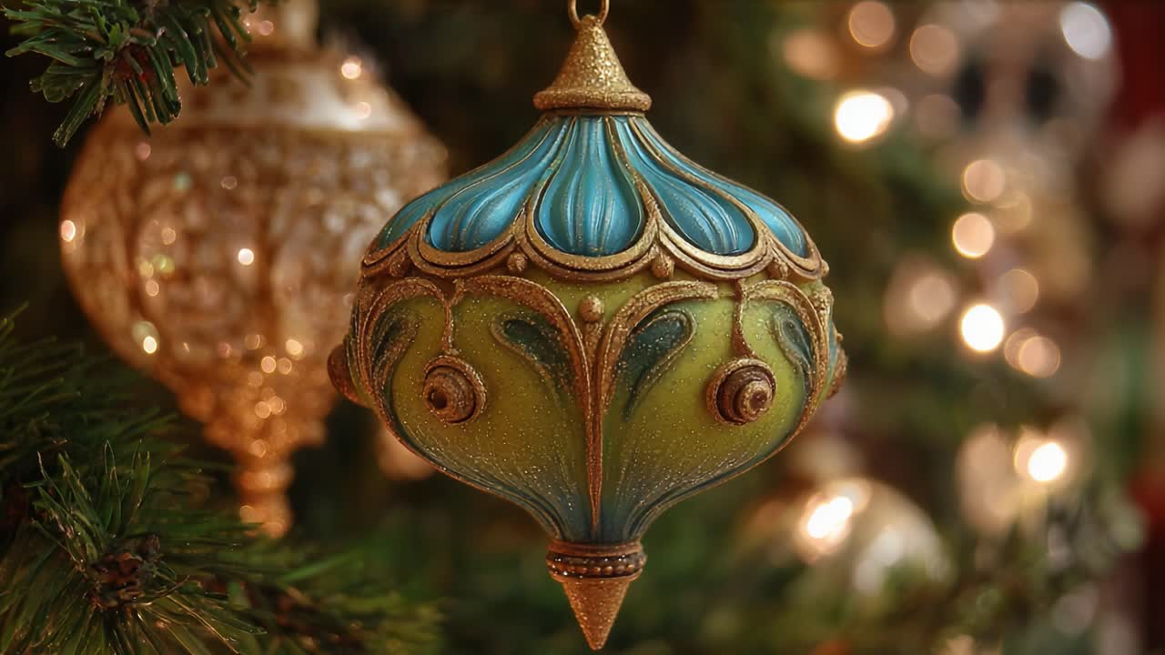 A Stunning Decorative Ornament Captured in Two Frames, Showcasing Intricate Design and Vibrant Colors, Perfectly Hanging on a Christmas Tree