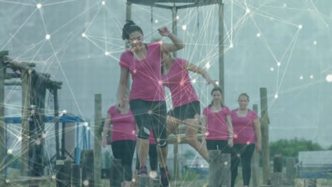 animation of shapes over diverse women at obstacle course running