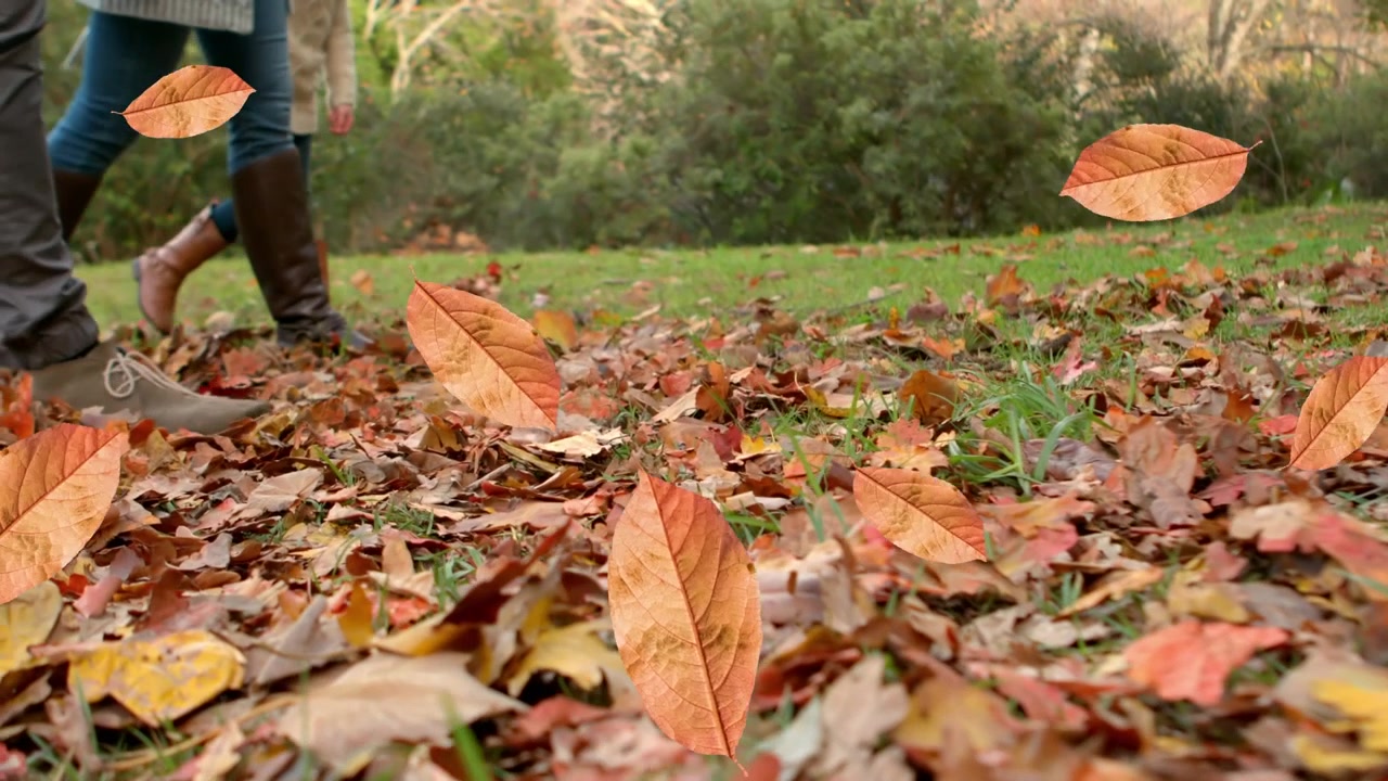Famiglia che cammina tra le foglie autunnali cadute in un parco