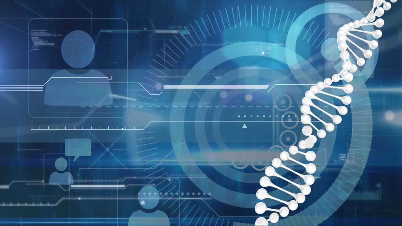 Animation of data processing and dna strand on blue background