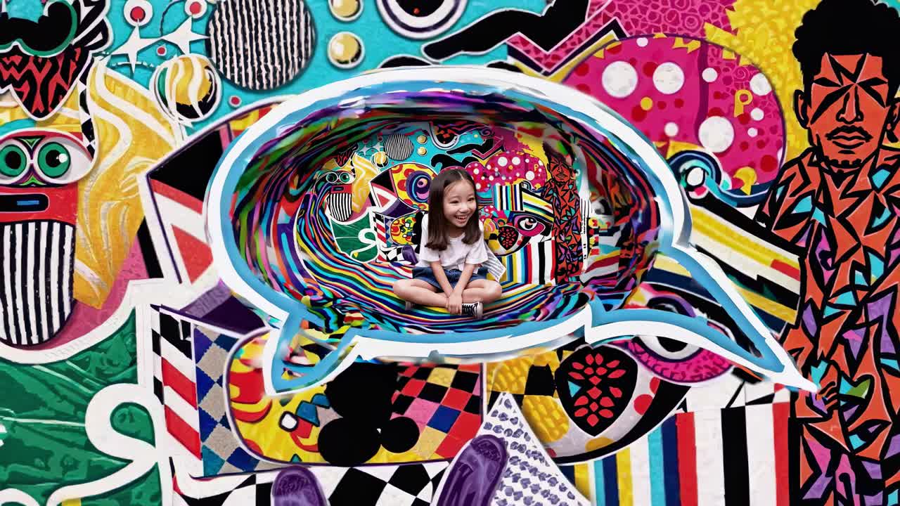 chica en una burbuja de habla de graffiti colorido