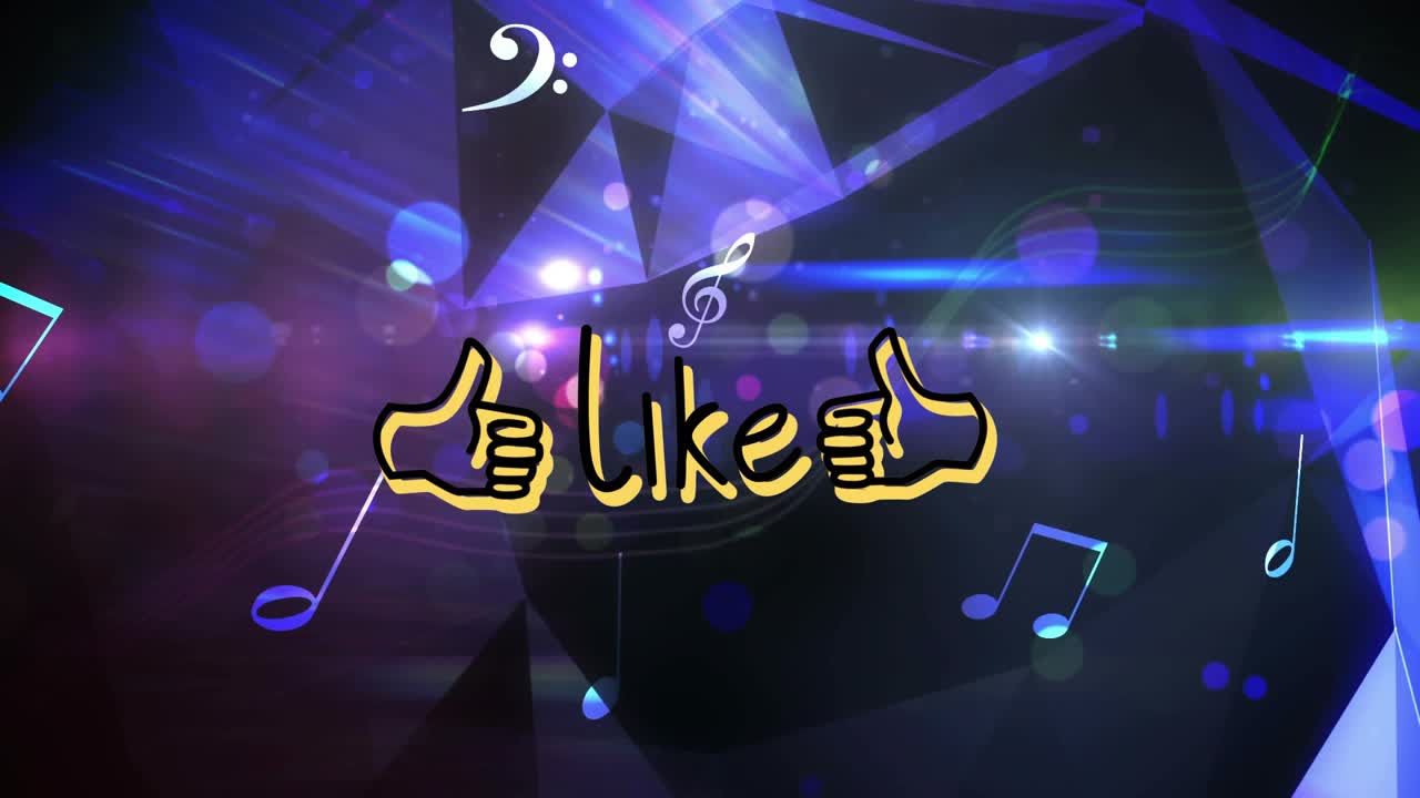 Animation launching pink like graphic cycling hues, rotating shapes, drifting notes, forming loop