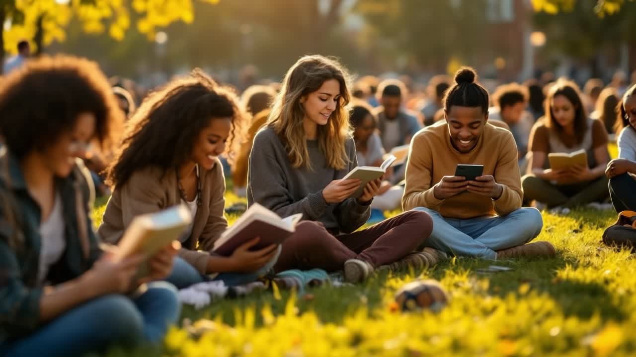 Students reading and socializing outdoors on a sunny campus